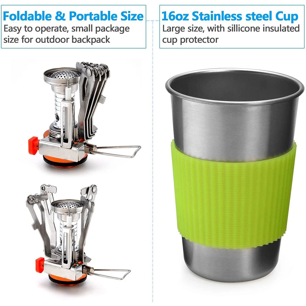 Camping Cookware Kit with Stove Outdoor Cooking Set Outdoor Pot Travel Tableware Kitchen Hiking Picnic BBQ