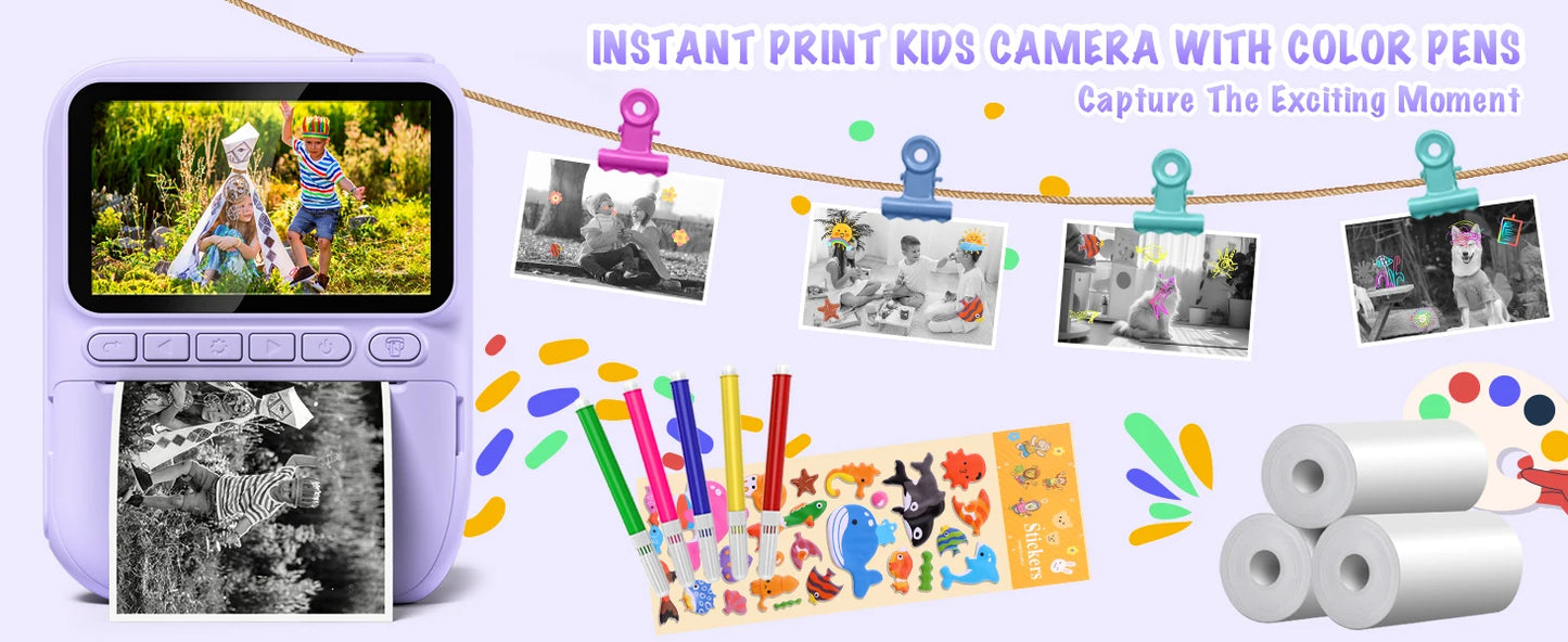 Kids Digital Camera 3.0" Portable Instant Print Camera 32MP HD 1080P Camera Toy Gift For 6-12 Year With 3 Rolls Printer Paper