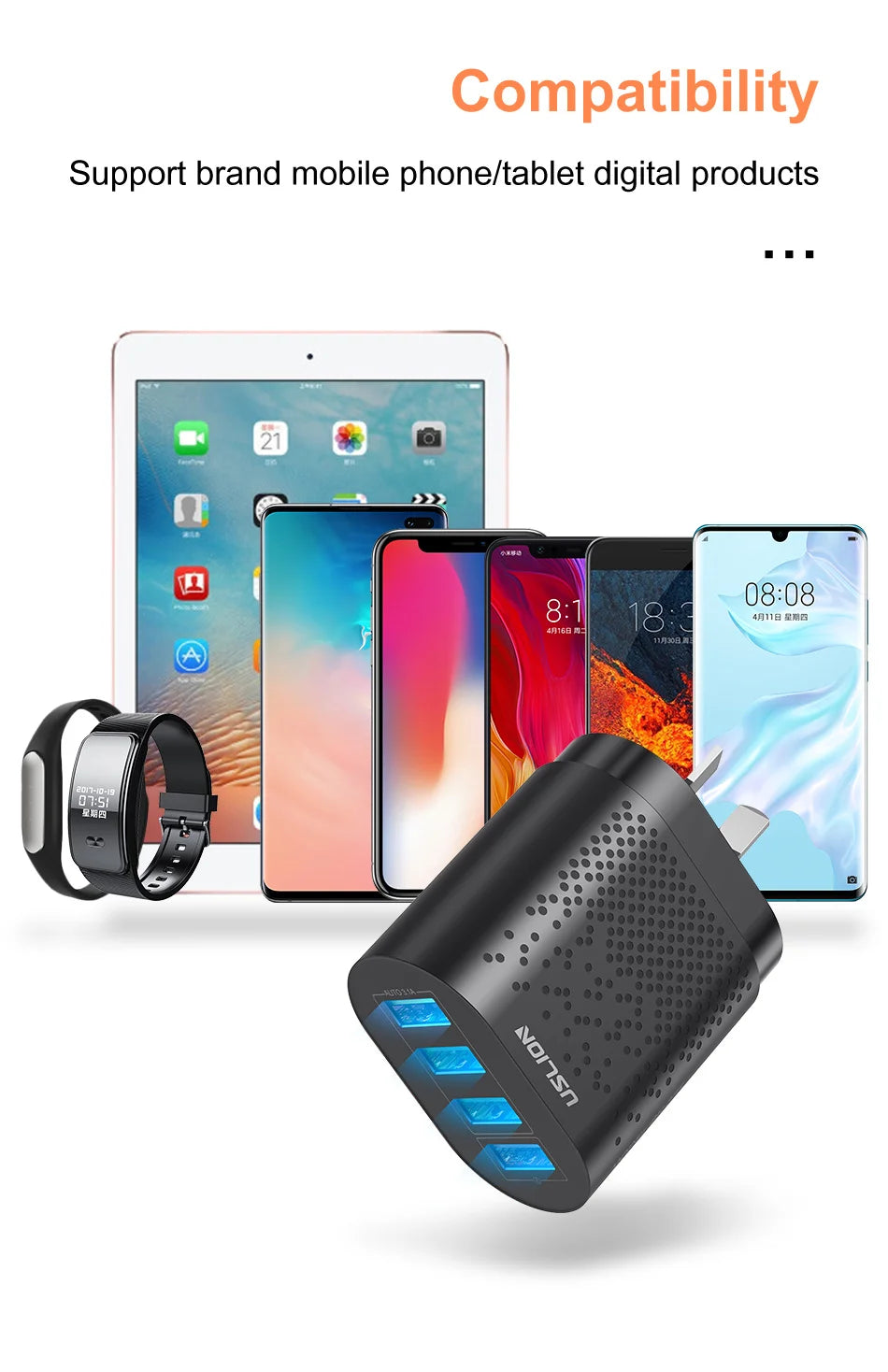 USLION 48W 3A QC3.0 AU Plug USB Charger for Australia Mobile Phone Charger For iPhone 15 14 Samsung 4 Port Fast Wall Chargers
