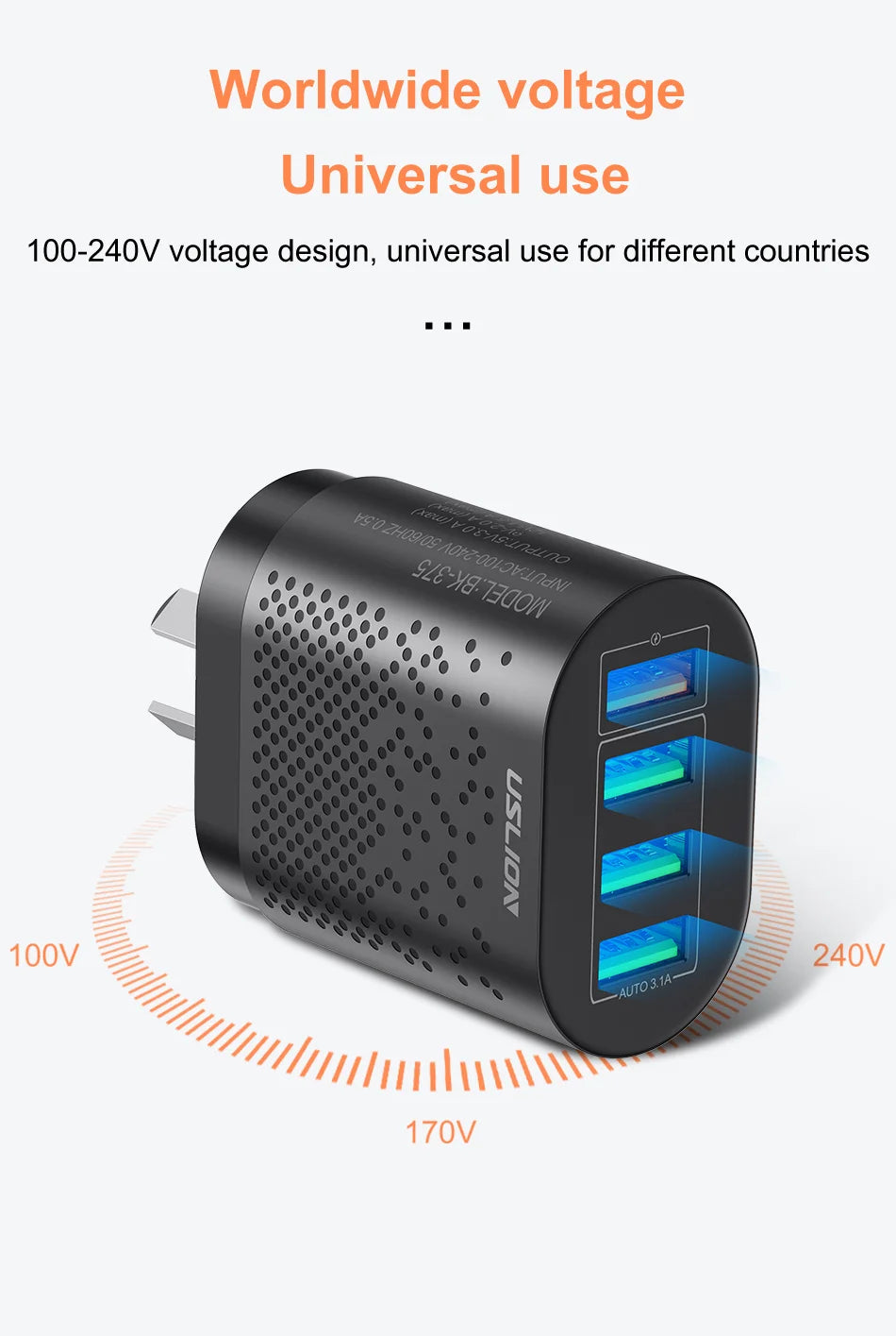 USLION 48W 3A QC3.0 AU Plug USB Charger for Australia Mobile Phone Charger For iPhone 15 14 Samsung 4 Port Fast Wall Chargers