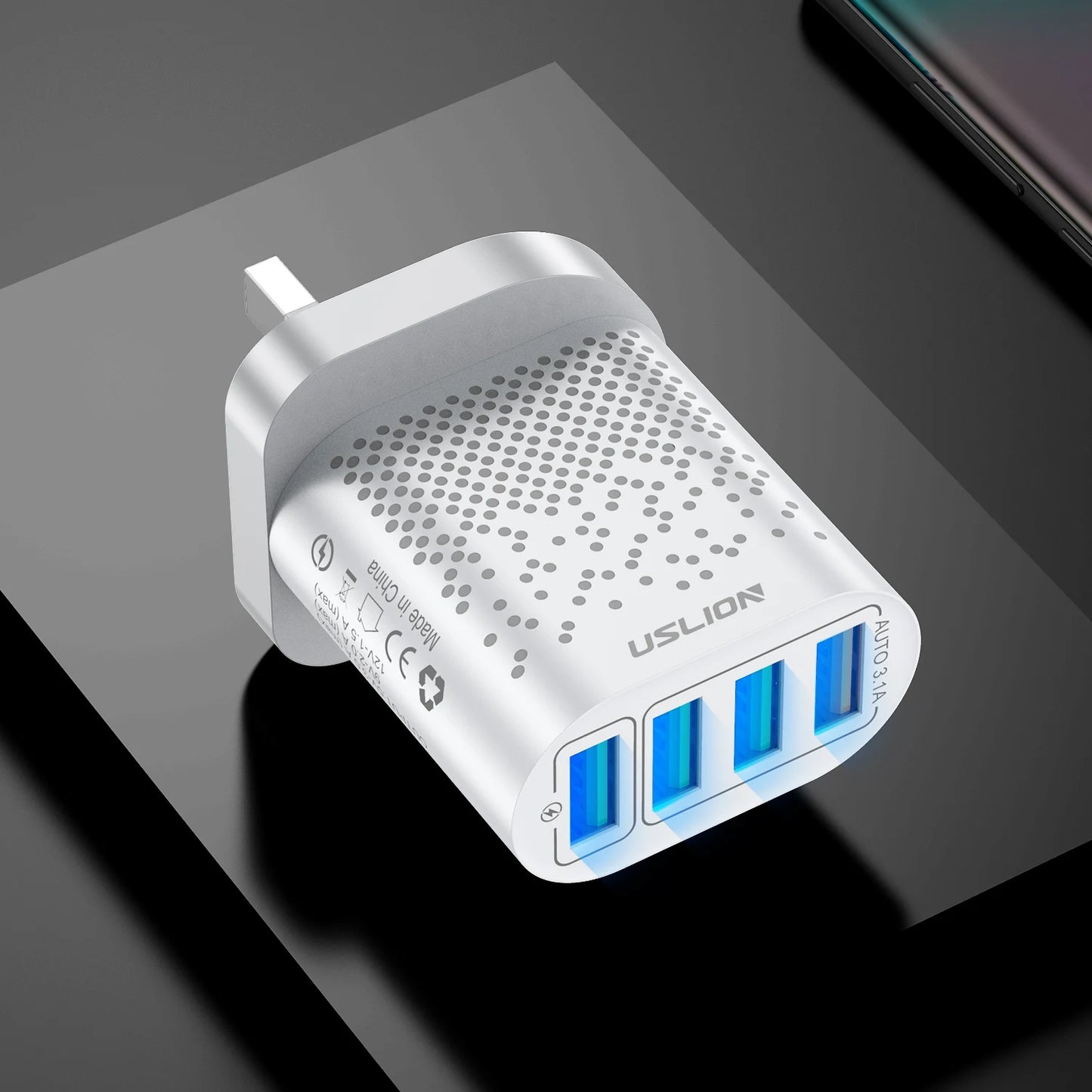 USLION 48W 3A QC3.0 AU Plug USB Charger for Australia Mobile Phone Charger For iPhone 15 14 Samsung 4 Port Fast Wall Chargers