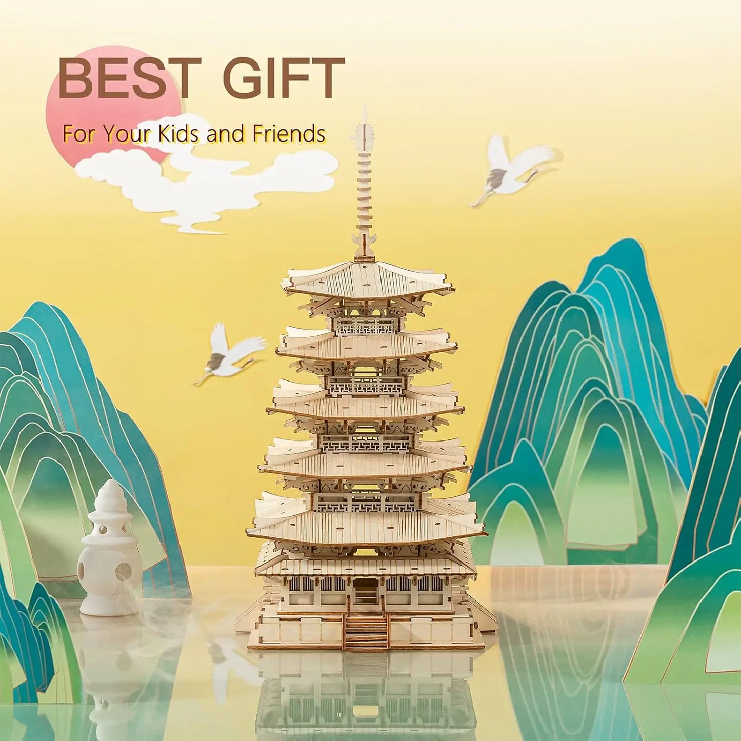 Robotime Five-Storied Pagoda 3D Puzzle Wooden Craft Kits DIY Model Building Kit Best Gift for Kids Adults