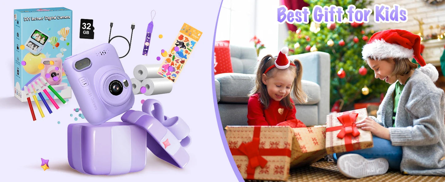 Kids Digital Camera 3.0" Portable Instant Print Camera 32MP HD 1080P Camera Toy Gift For 6-12 Year With 3 Rolls Printer Paper