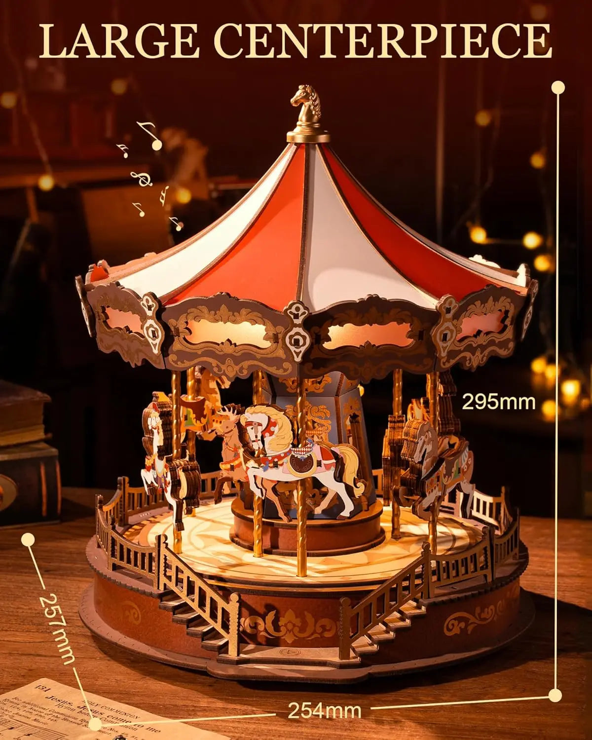Robotime Rolife Classic Carousel Music Boxes Easy Assemble 3D Wooden Puzzle Moveable Design with Light Xmas Gifts for Family