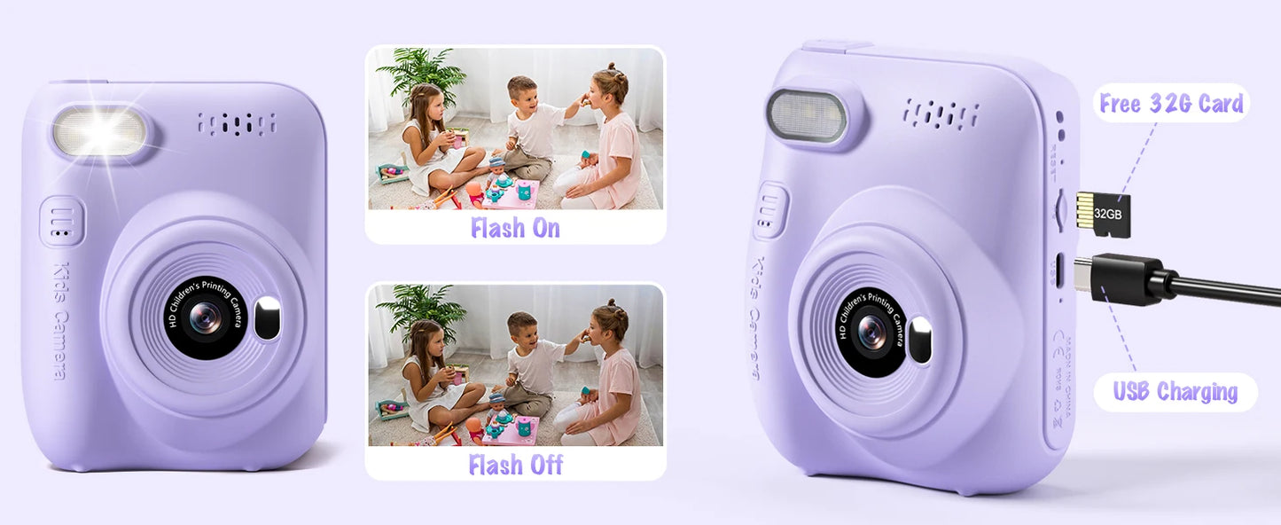 Kids Digital Camera 3.0" Portable Instant Print Camera 32MP HD 1080P Camera Toy Gift For 6-12 Year With 3 Rolls Printer Paper