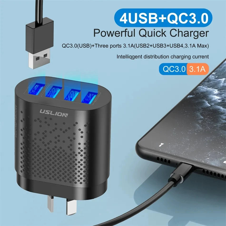 USLION 48W 3A QC3.0 AU Plug USB Charger for Australia Mobile Phone Charger For iPhone 15 14 Samsung 4 Port Fast Wall Chargers