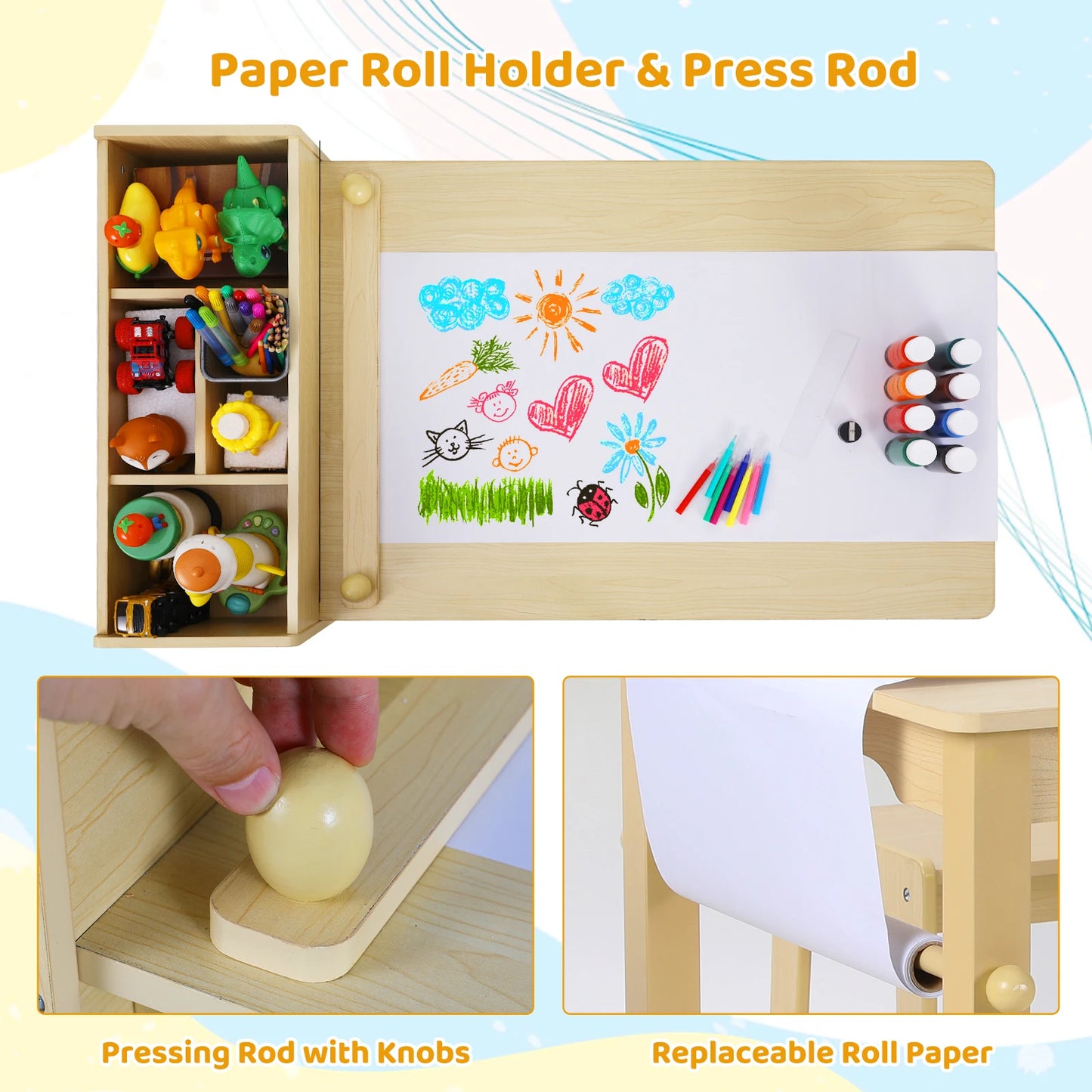 AOOU Kids Art Table and 2 Chairs, Toddler Craft Drawing Desk with Large Storage Shelves, 4 Storage Bins and Paper Roll