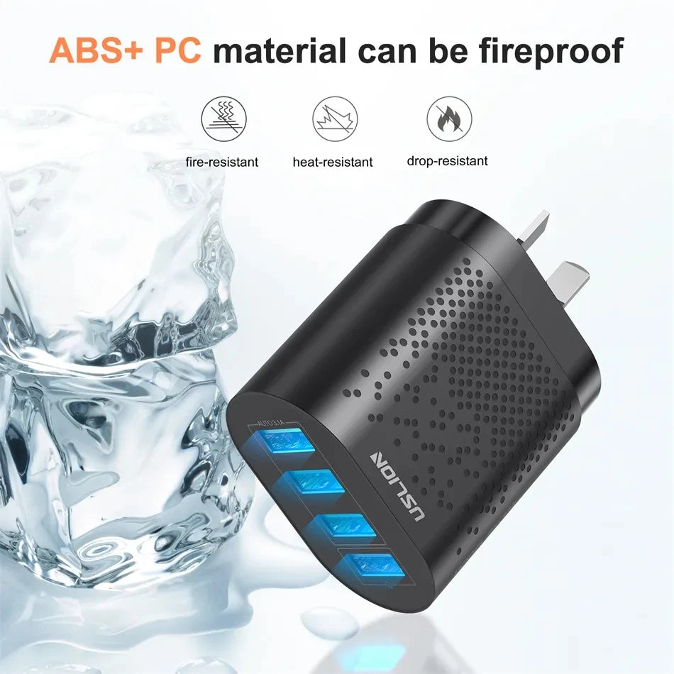 USLION 48W 3A QC3.0 AU Plug USB Charger for Australia Mobile Phone Charger For iPhone 15 14 Samsung 4 Port Fast Wall Chargers