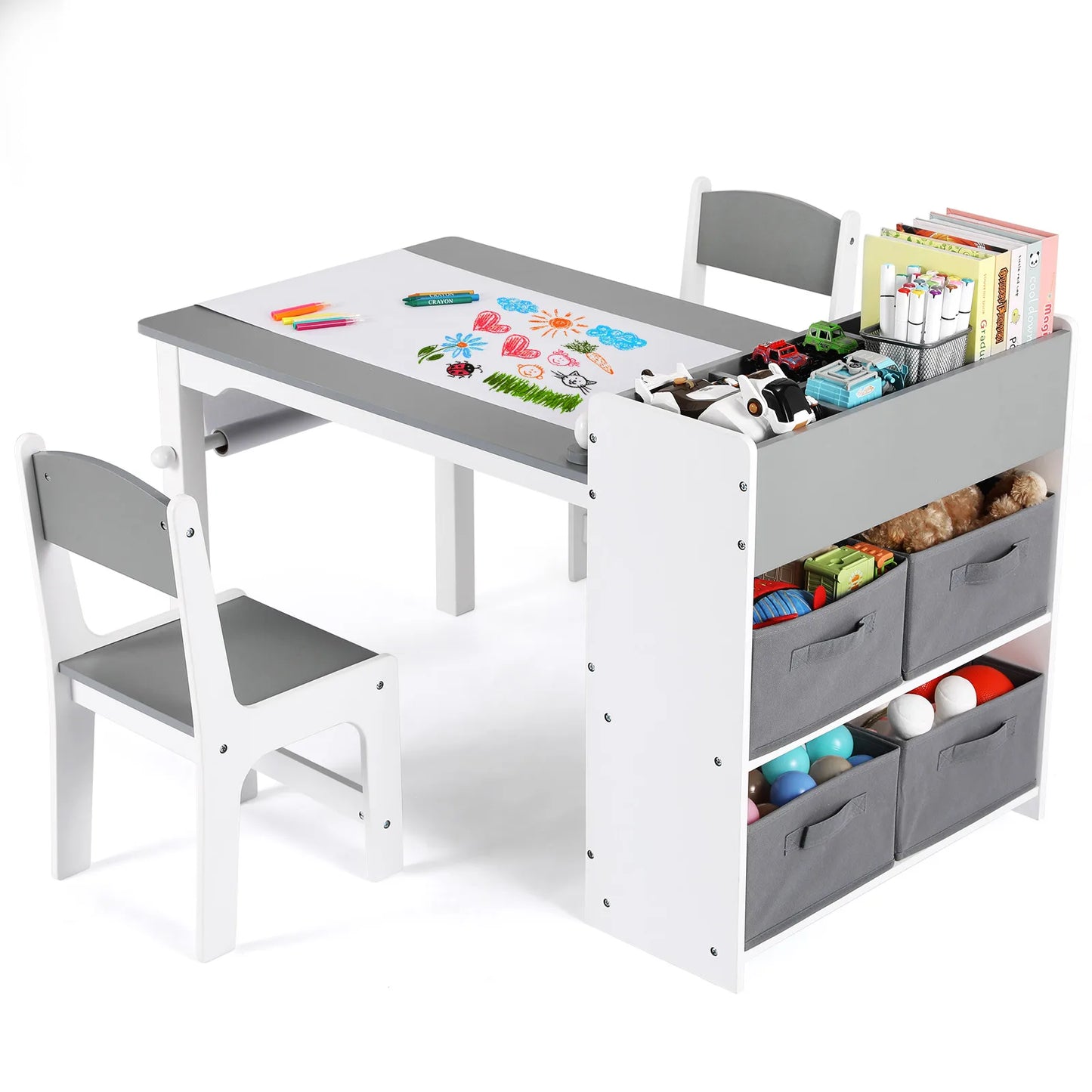 AOOU Kids Art Table and 2 Chairs, Toddler Craft Drawing Desk with Large Storage Shelves, 4 Storage Bins and Paper Roll