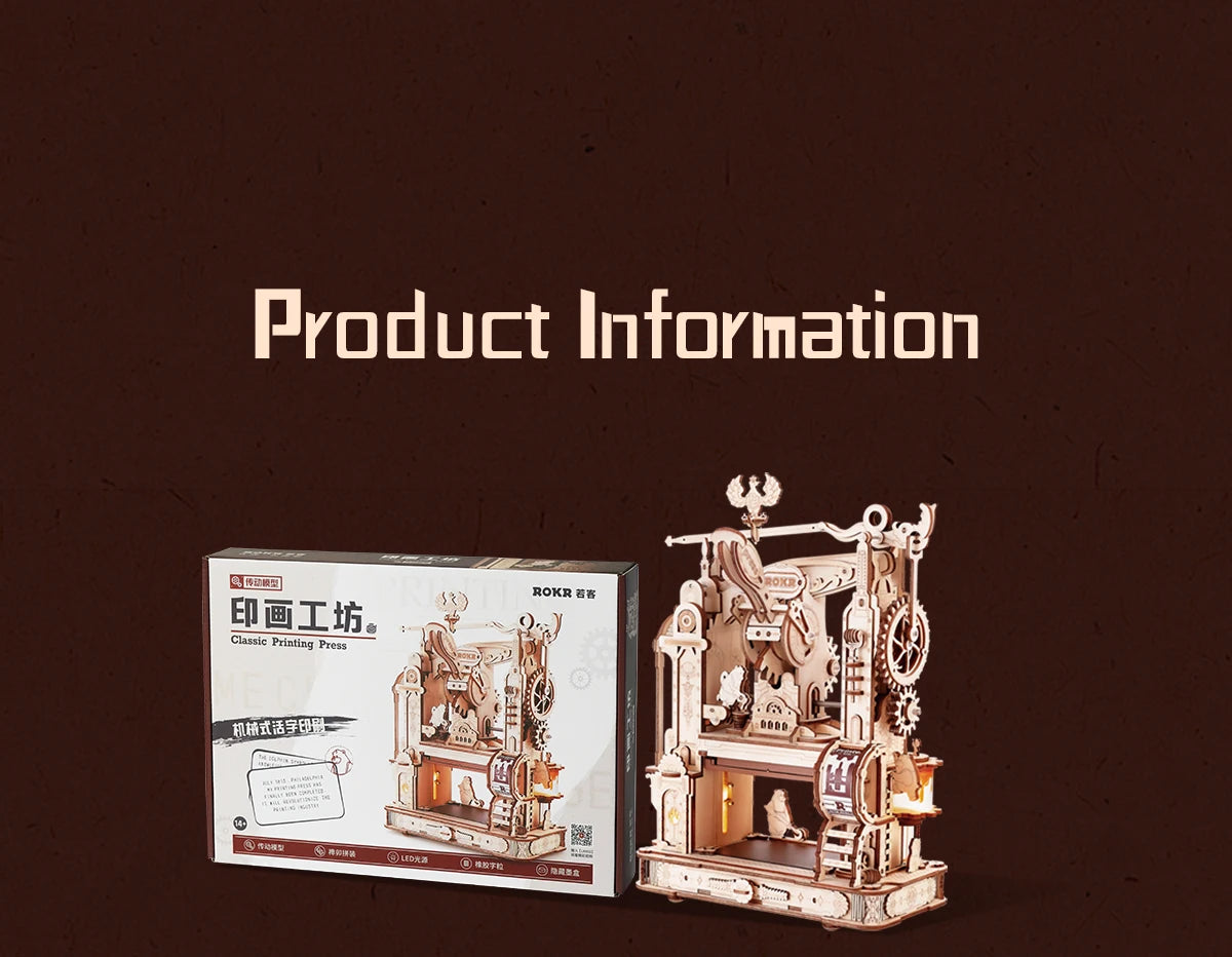 Robotime Rokr Printing Press 3D DIY Puzzle Gifts for Boyfriend Family Wooden Toys with LED Light Building Block Kit Play LK602