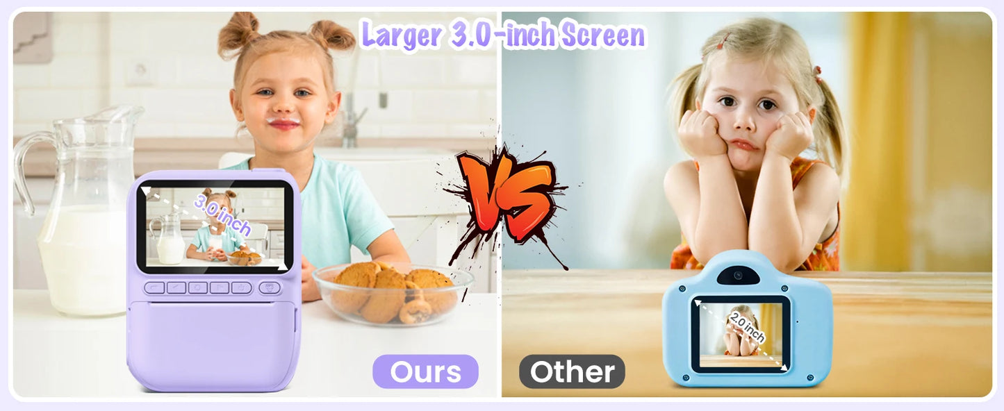 Kids Digital Camera 3.0" Portable Instant Print Camera 32MP HD 1080P Camera Toy Gift For 6-12 Year With 3 Rolls Printer Paper