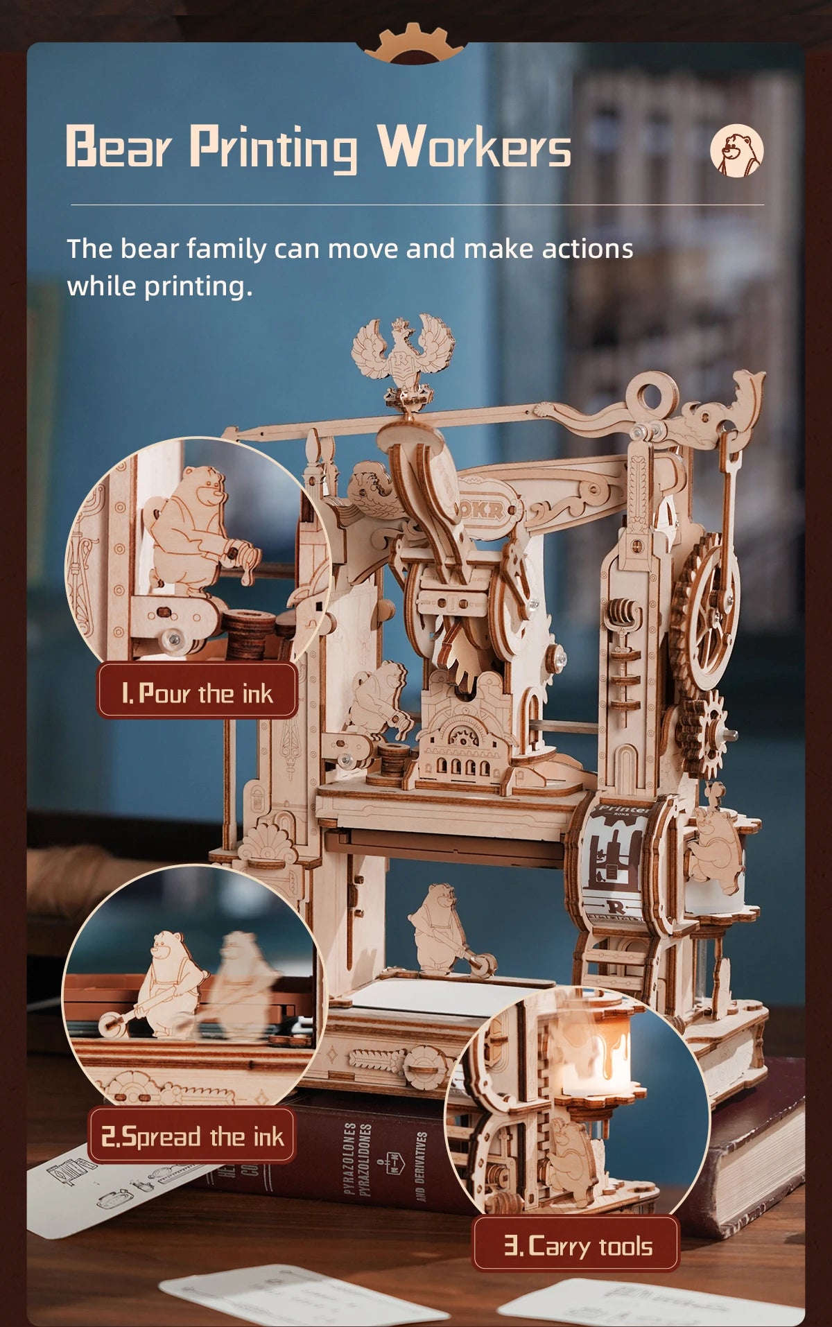 Robotime Rokr Printing Press 3D DIY Puzzle Gifts for Boyfriend Family Wooden Toys with LED Light Building Block Kit Play LK602