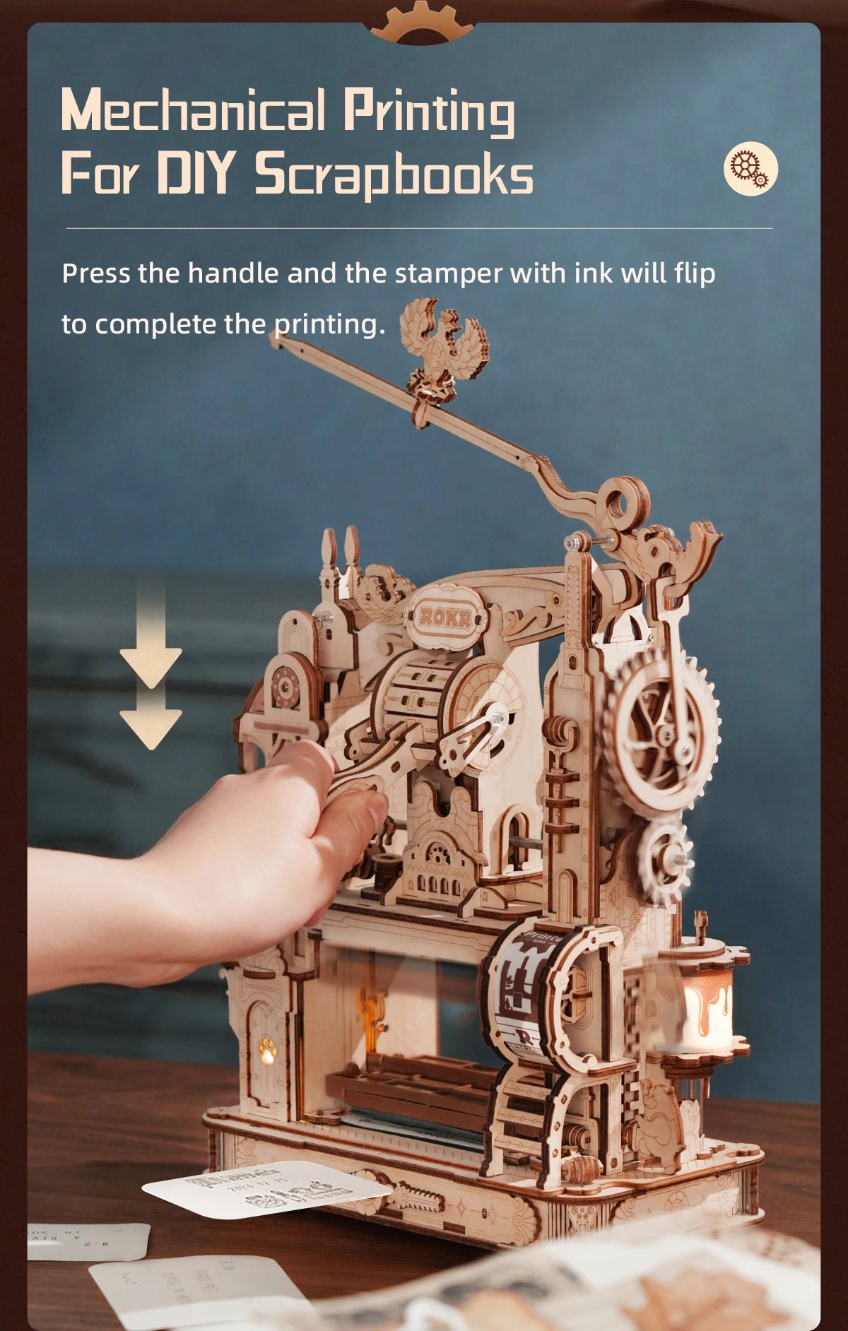 Robotime Rokr Printing Press 3D DIY Puzzle Gifts for Boyfriend Family Wooden Toys with LED Light Building Block Kit Play LK602