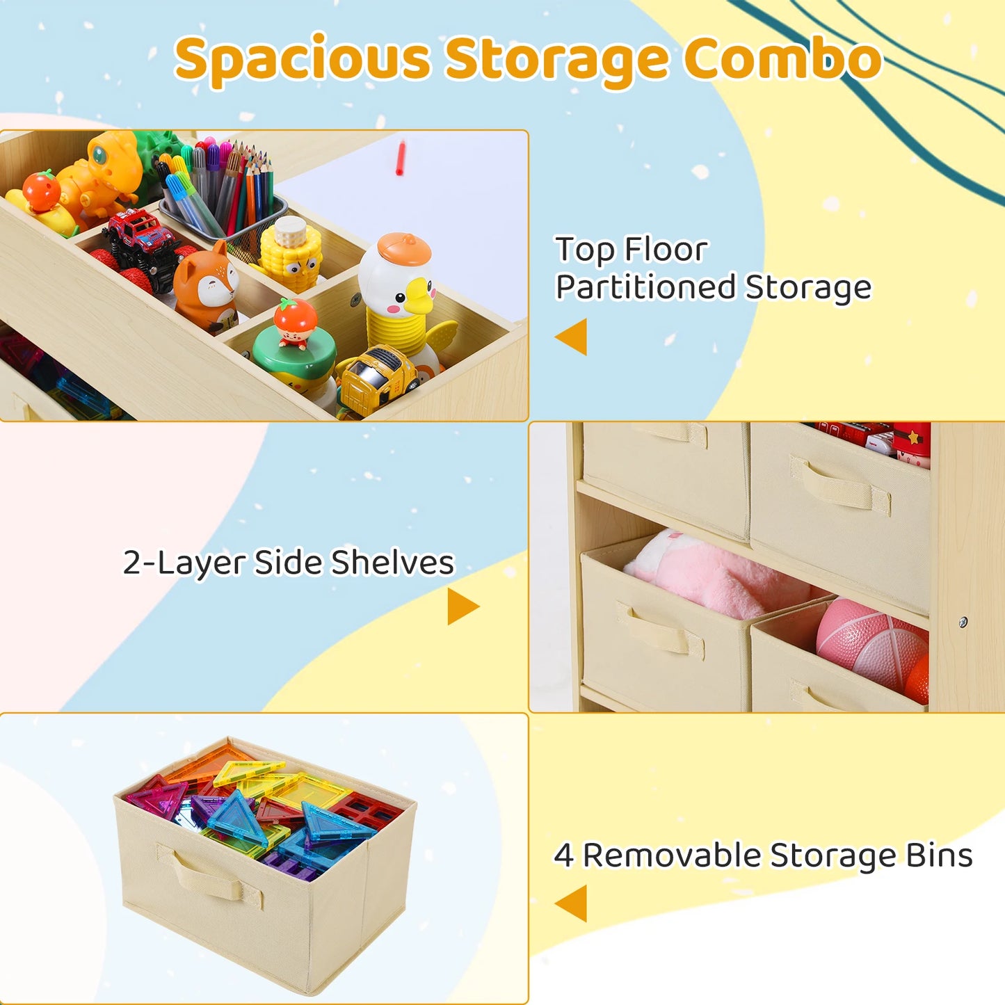 AOOU Kids Art Table and 2 Chairs, Toddler Craft Drawing Desk with Large Storage Shelves, 4 Storage Bins and Paper Roll