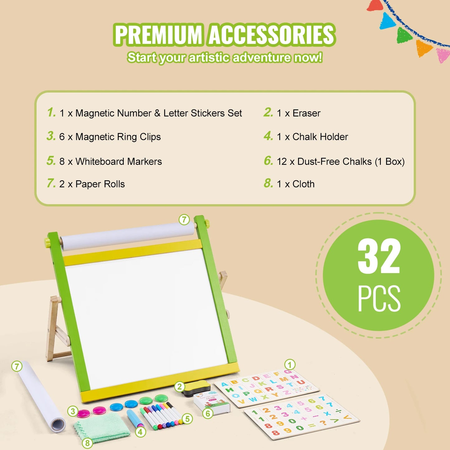 SucceBuy Tabletop Children Magnetic Drawing Board 3-in-1 Double-Sided Wooden Kids Art Easel with Painting Accessories for Girls