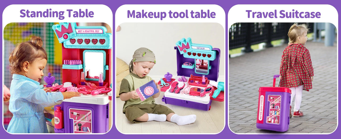 Children's 3-in-1 transformable travel suitcase for boys and girls, makeup tools, playhouse toys