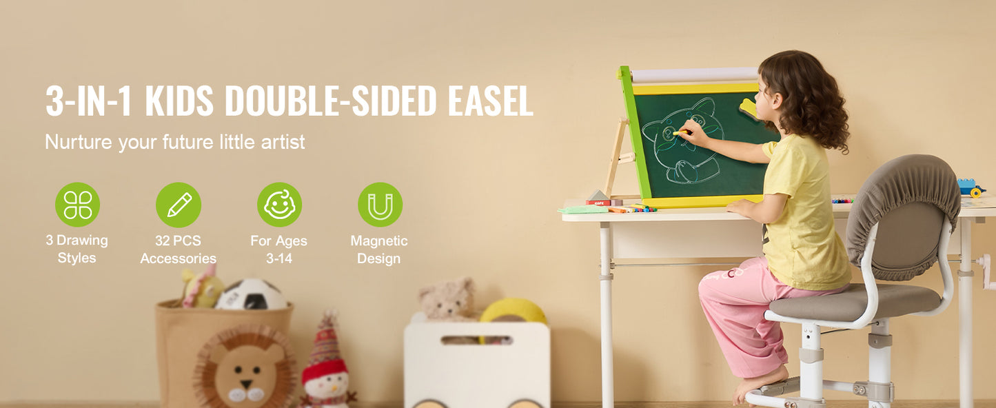 SucceBuy Tabletop Children Magnetic Drawing Board 3-in-1 Double-Sided Wooden Kids Art Easel with Painting Accessories for Girls