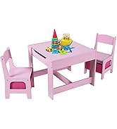 AOOU Kids Art Table and 2 Chairs, Toddler Craft Drawing Desk with Large Storage Shelves, 4 Storage Bins and Paper Roll