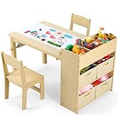 AOOU Kids Art Table and 2 Chairs, Toddler Craft Drawing Desk with Large Storage Shelves, 4 Storage Bins and Paper Roll