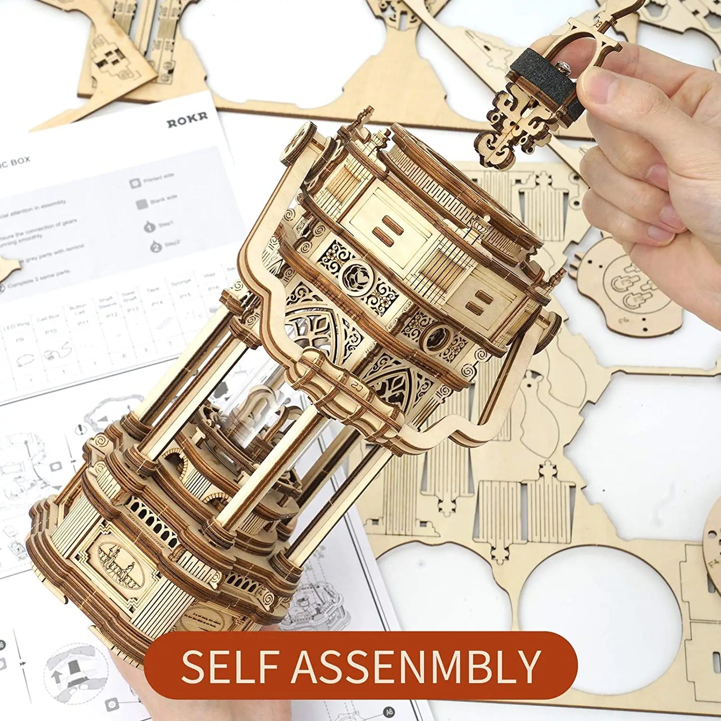 Robotime Rokr 84pcs Rotatable DIY 3D Starry Night Wooden Model Building Kit Block Assembly Music Box Toy Gift for Children Adult