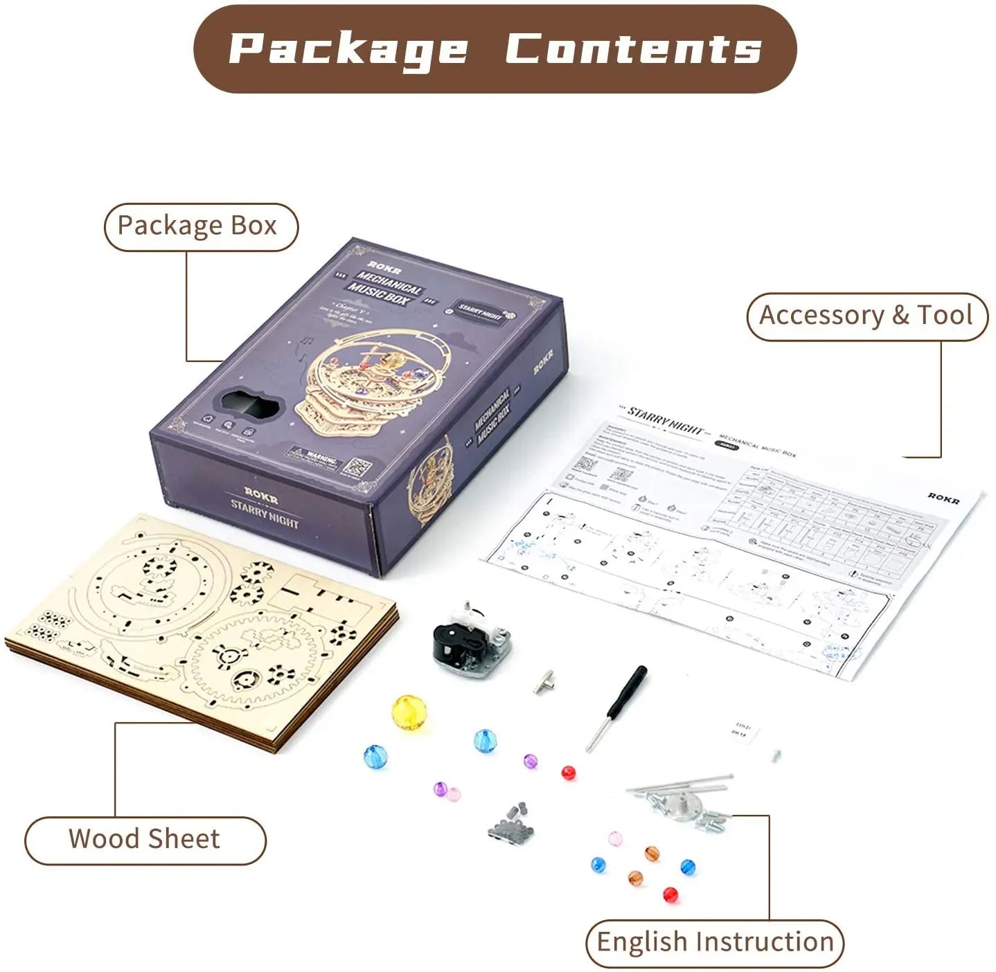 Robotime Rokr 84pcs Rotatable DIY 3D Starry Night Wooden Model Building Kit Block Assembly Music Box Toy Gift for Children Adult