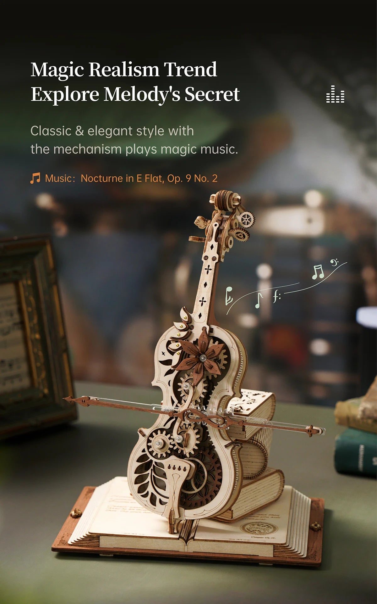Robotime ROKR 3D Wooden Puzzle Magic Cello Mechanical Music Box Moveable Stem Funny Creative Toys for Child Girls AMK63