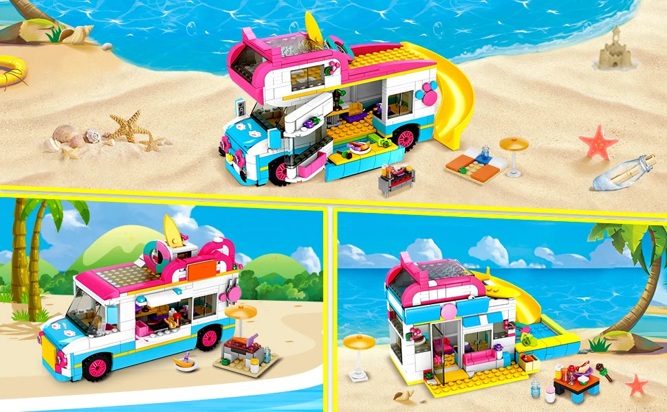 HOGOKIDS 3-in-1 Girls Camper Van Building Set - 494PCS Summer Beach Camping Building Blocks Sets | Food Truck Building Toys with