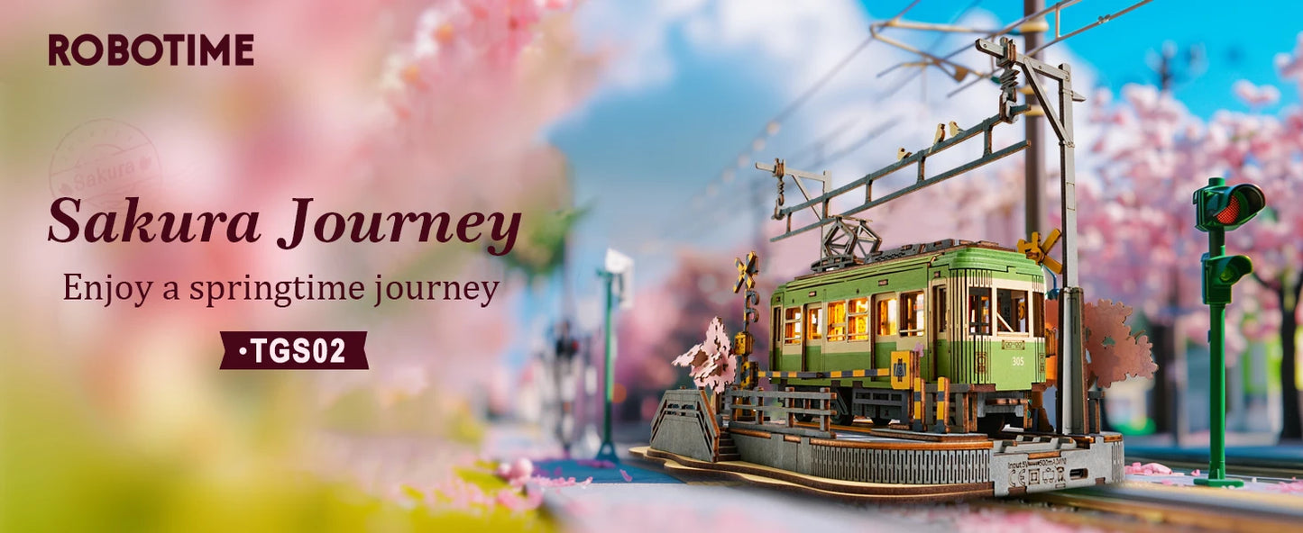 Robotime 3D Puzzles Sakura Journey DIY Model Building Toy with LED Light Wooden Craft Kits Tram Hobby for Kids Brain Teaser Gift