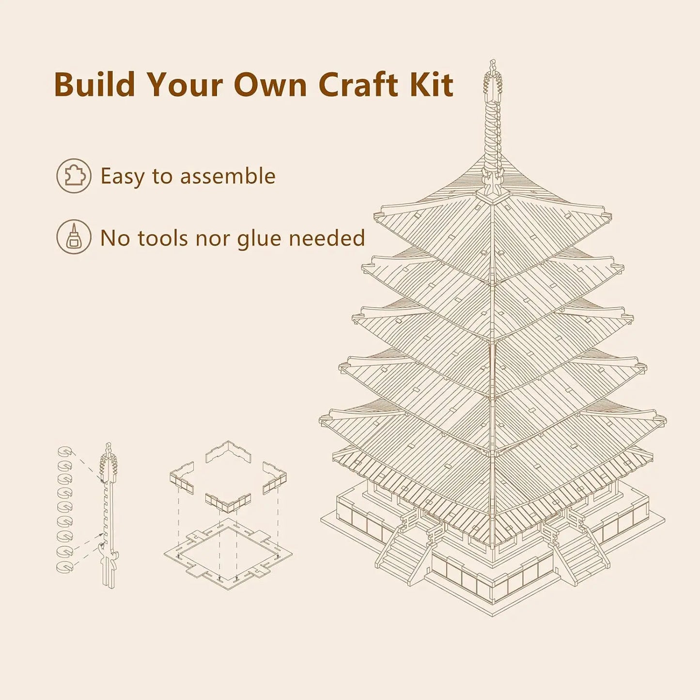 Robotime Five-Storied Pagoda 3D Puzzle Wooden Craft Kits DIY Model Building Kit Best Gift for Kids Adults