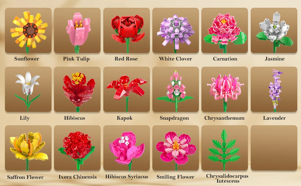 Flower Bouquet Building Set-Botanical Toy Rose Sunflower Home Plant Decor 18 Flowers Models Birthday Gift for Adult Women Kids8+