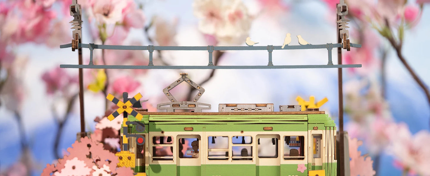 Robotime 3D Puzzles Sakura Journey DIY Model Building Toy with LED Light Wooden Craft Kits Tram Hobby for Kids Brain Teaser Gift