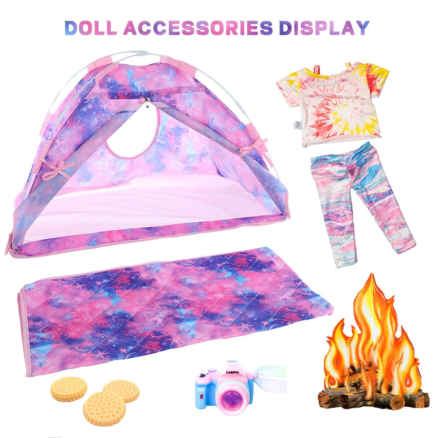 Cute Clothes Set Tent Camping Blanket Campfire Set Accessories For 18Inch Born Baby Doll, American Doll Girls Toys Birthday Gift