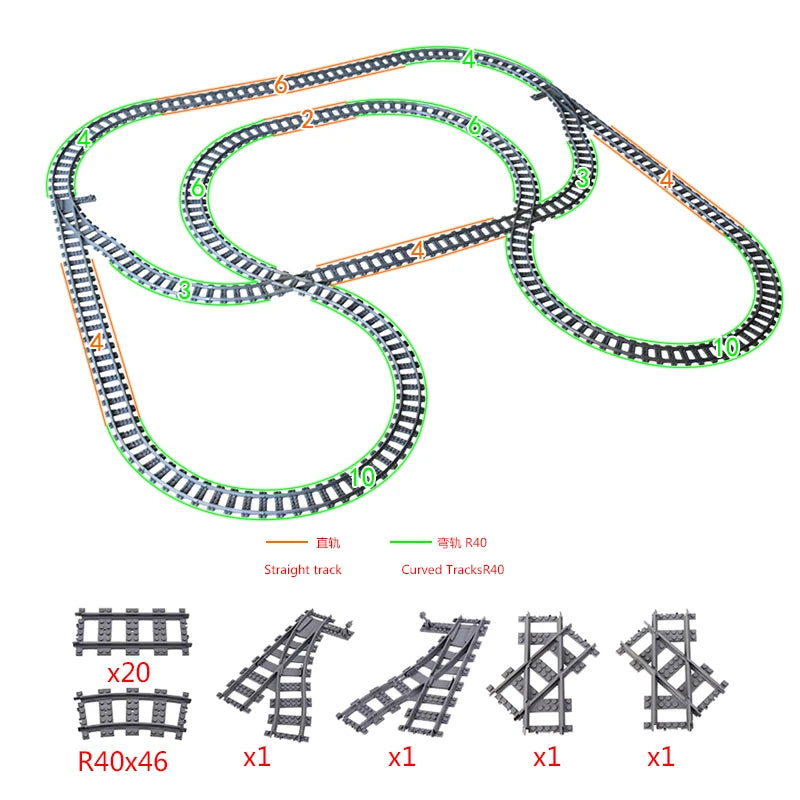 MOC 110pcs 25 Styles City Train Tracks Set Single Slip Switch Crossings Rails Bricks Building Blocks Technical Toys for kids