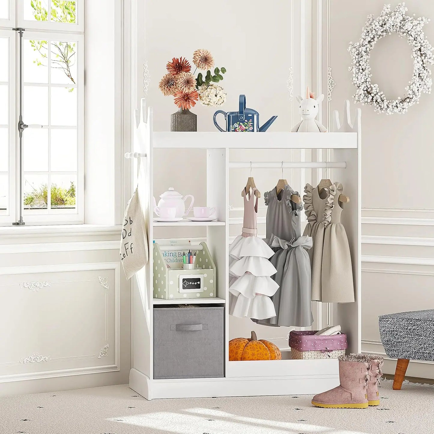 Kids Play Armoire with Mirror, Storage Bins and Closet for Dress Up and Costumes (White)