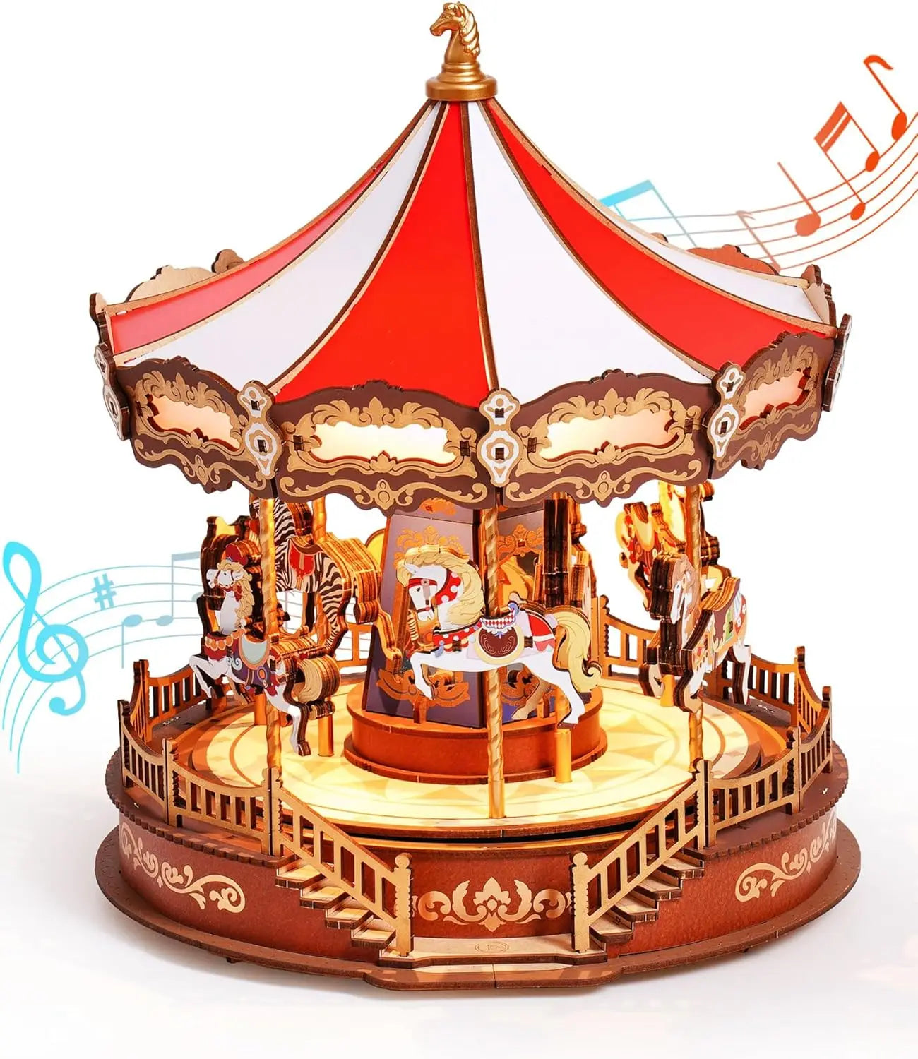 Robotime Rolife Classic Carousel Music Boxes Easy Assemble 3D Wooden Puzzle Moveable Design with Light Xmas Gifts for Family