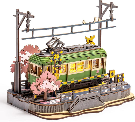 Robotime 3D Puzzles Sakura Journey DIY Model Building Toy with LED Light Wooden Craft Kits Tram Hobby for Kids Brain Teaser Gift