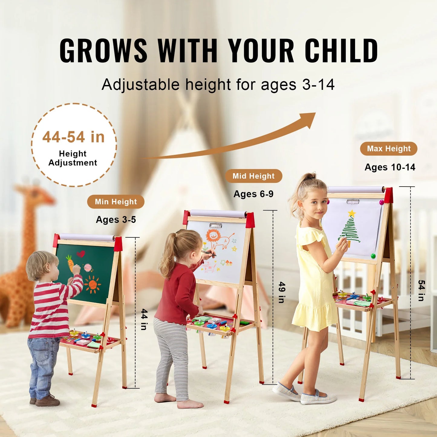SucceBuy Children Magnetic Drawing Board Wooden Double-Sided Kid's Art Easel with Whiteboard Chalkboard for Boys Girls Gifts