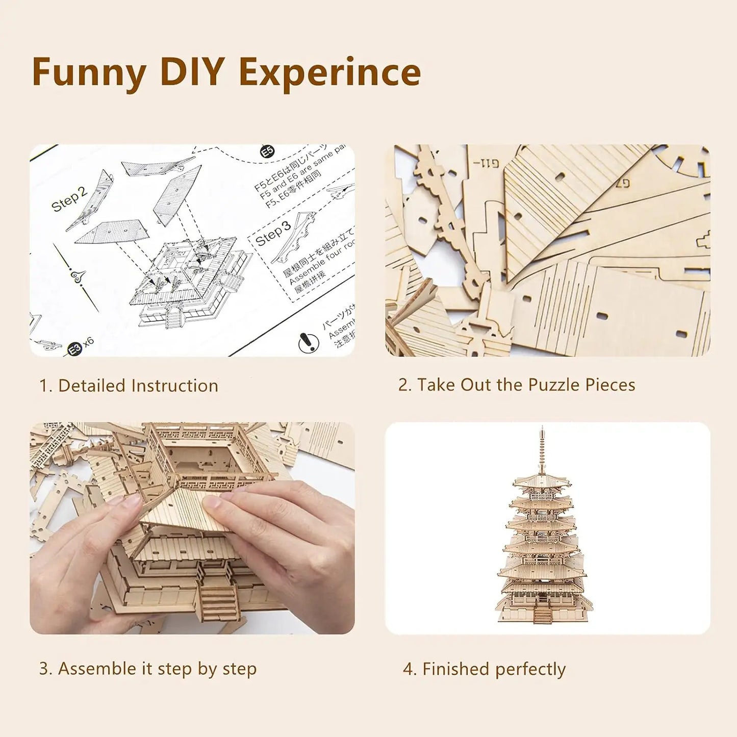 Robotime Five-Storied Pagoda 3D Puzzle Wooden Craft Kits DIY Model Building Kit Best Gift for Kids Adults