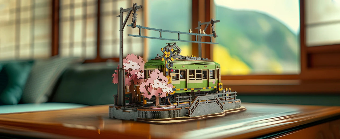 Robotime 3D Puzzles Sakura Journey DIY Model Building Toy with LED Light Wooden Craft Kits Tram Hobby for Kids Brain Teaser Gift