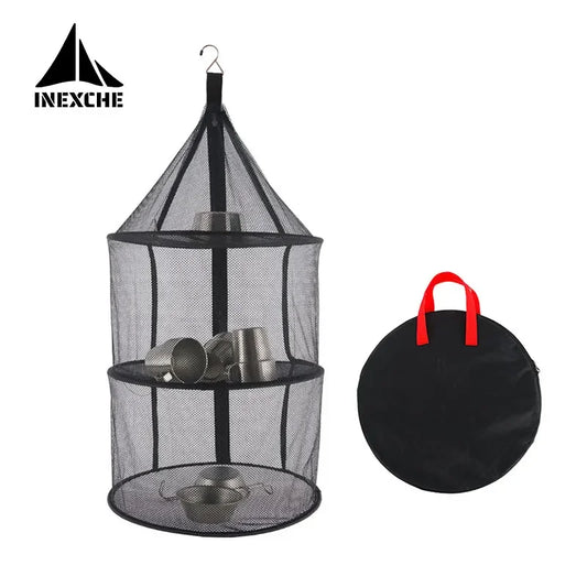Outdoor Camping Folding Circular Mesh Dryer Net Portable 3 Layers Storage Hanging Mesh Bag Anti-insect Pot Dish Cup Drying Shelf