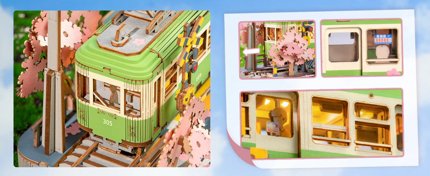 Robotime 3D Puzzles Sakura Journey DIY Model Building Toy with LED Light Wooden Craft Kits Tram Hobby for Kids Brain Teaser Gift
