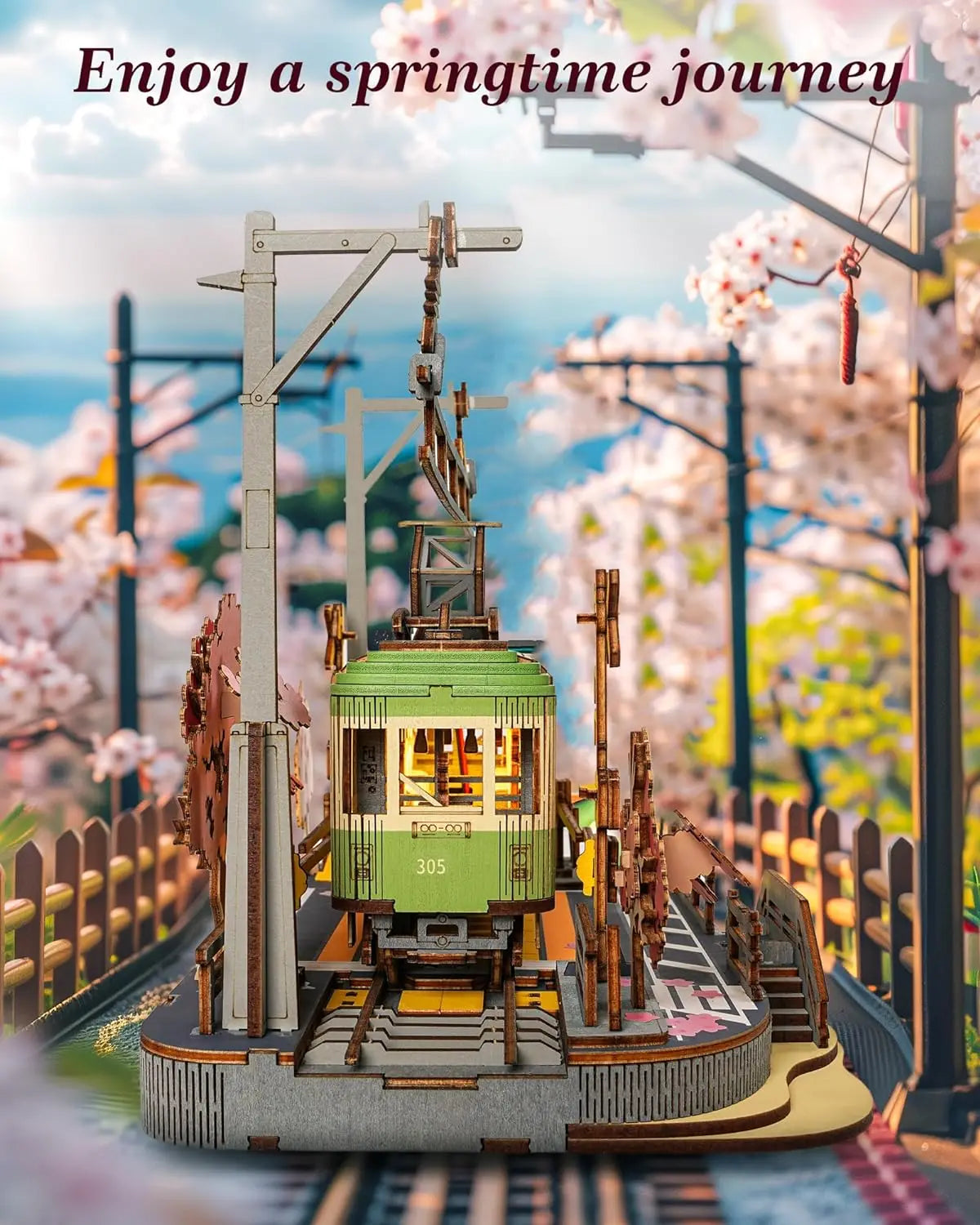 Robotime 3D Puzzles Sakura Journey DIY Model Building Toy with LED Light Wooden Craft Kits Tram Hobby for Kids Brain Teaser Gift