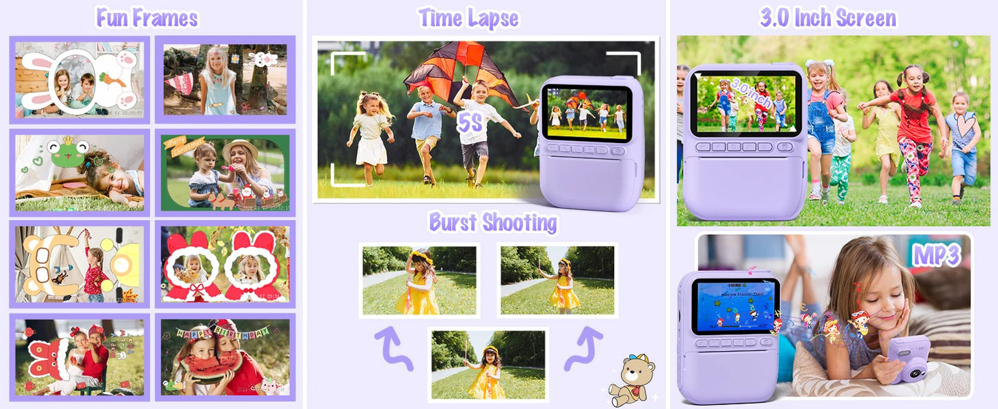 Kids Digital Camera 3.0" Portable Instant Print Camera 32MP HD 1080P Camera Toy Gift For 6-12 Year With 3 Rolls Printer Paper