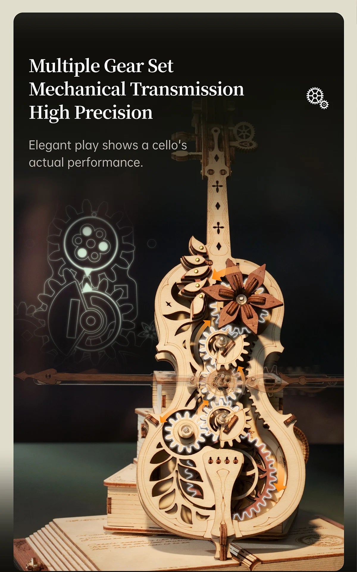 Robotime ROKR 3D Wooden Puzzle Magic Cello Mechanical Music Box Moveable Stem Funny Creative Toys for Child Girls AMK63