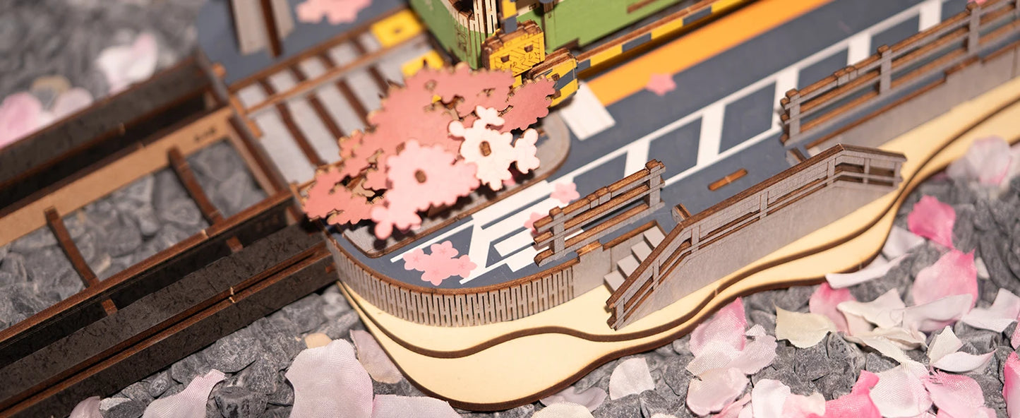Robotime 3D Puzzles Sakura Journey DIY Model Building Toy with LED Light Wooden Craft Kits Tram Hobby for Kids Brain Teaser Gift