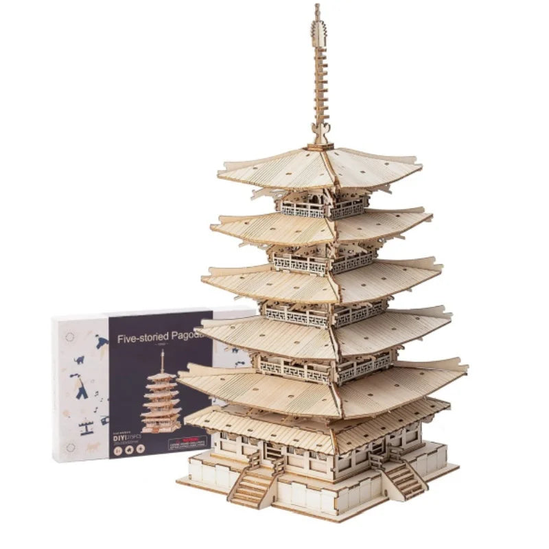 Robotime Five-Storied Pagoda 3D Puzzle Wooden Craft Kits DIY Model Building Kit Best Gift for Kids Adults