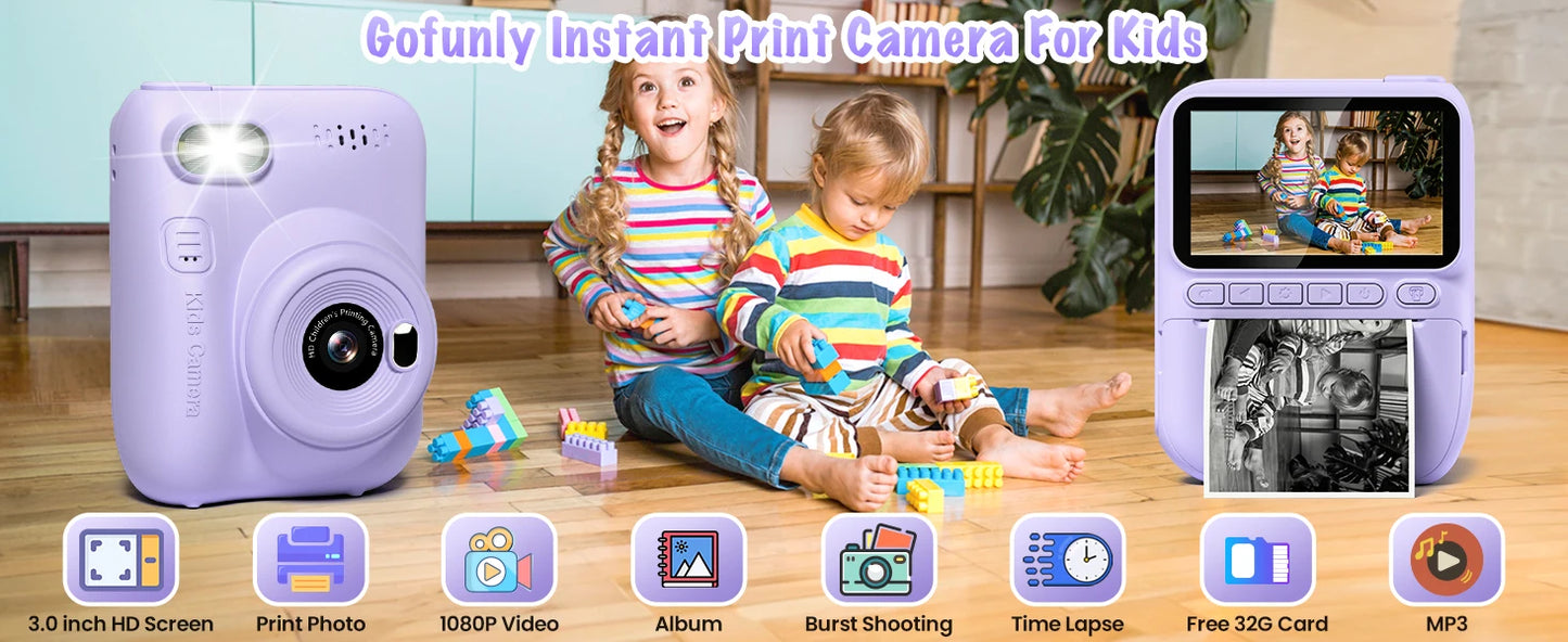 Kids Digital Camera 3.0" Portable Instant Print Camera 32MP HD 1080P Camera Toy Gift For 6-12 Year With 3 Rolls Printer Paper