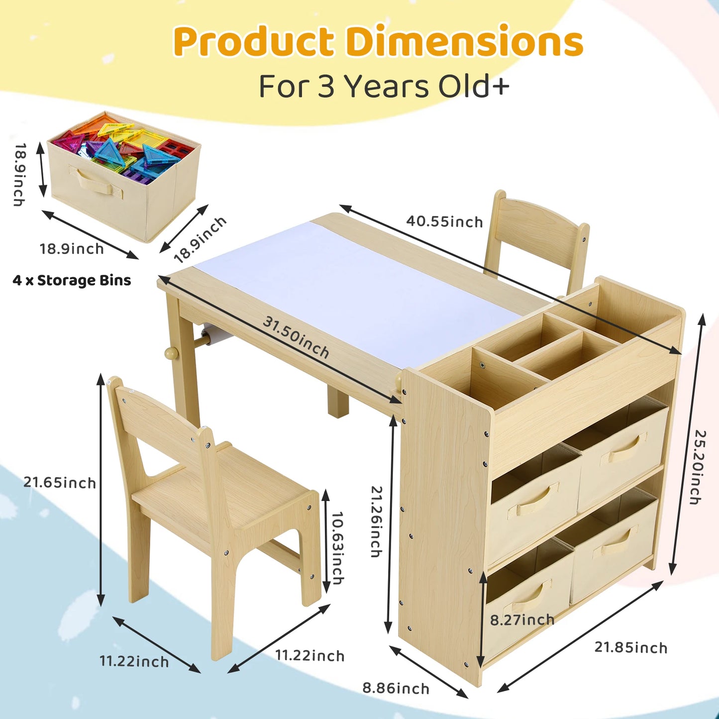 AOOU Kids Art Table and 2 Chairs, Toddler Craft Drawing Desk with Large Storage Shelves, 4 Storage Bins and Paper Roll