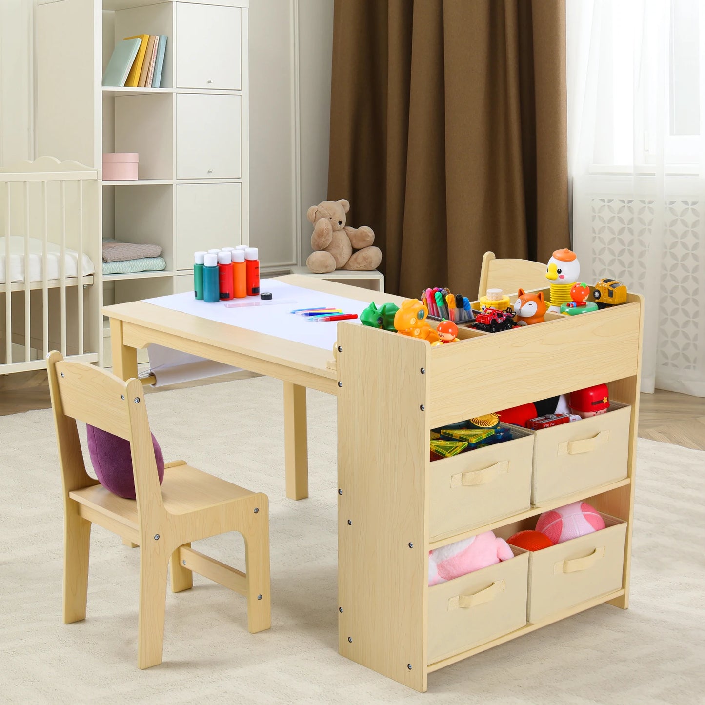 AOOU Kids Art Table and 2 Chairs, Toddler Craft Drawing Desk with Large Storage Shelves, 4 Storage Bins and Paper Roll