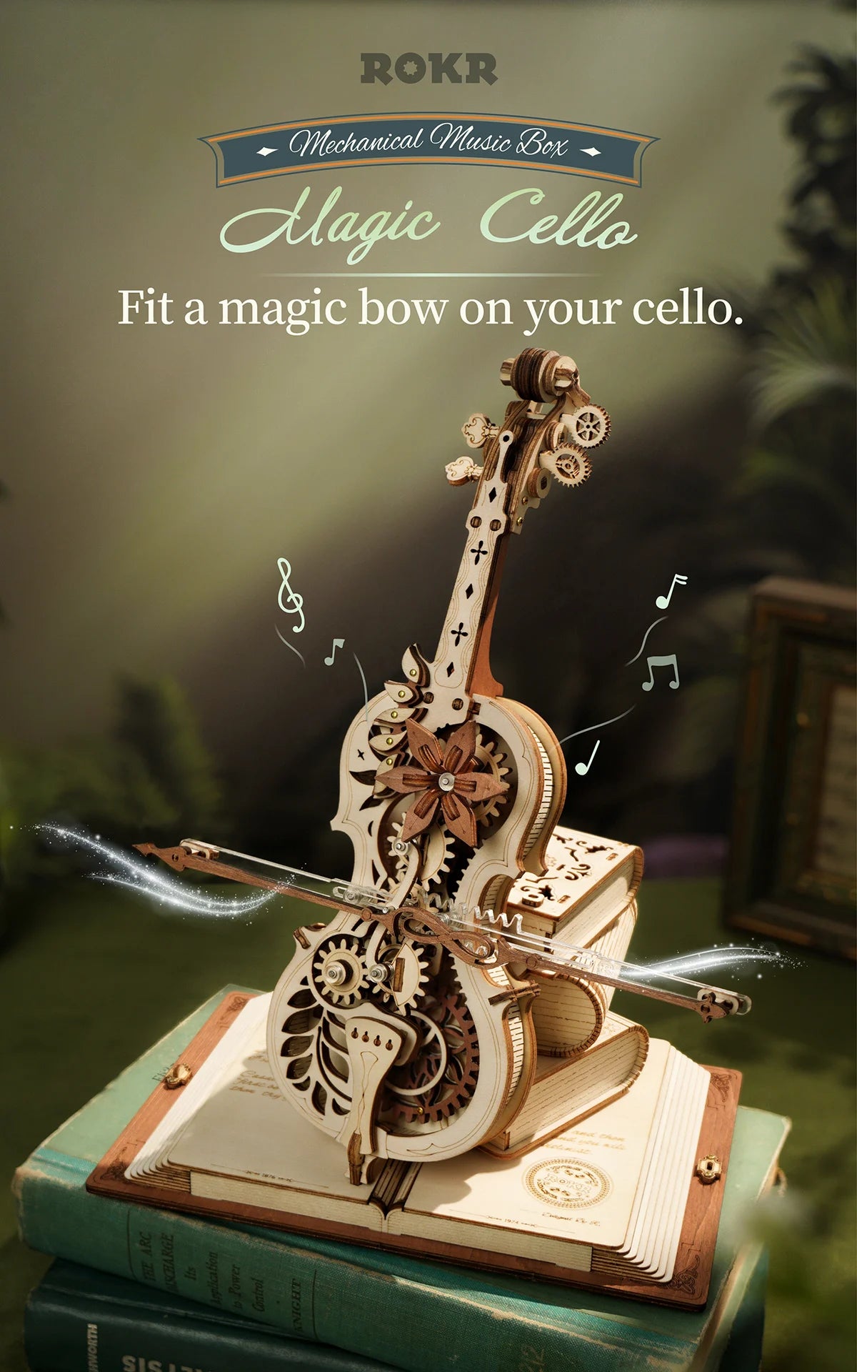 Robotime ROKR 3D Wooden Puzzle Magic Cello Mechanical Music Box Moveable Stem Funny Creative Toys for Child Girls AMK63